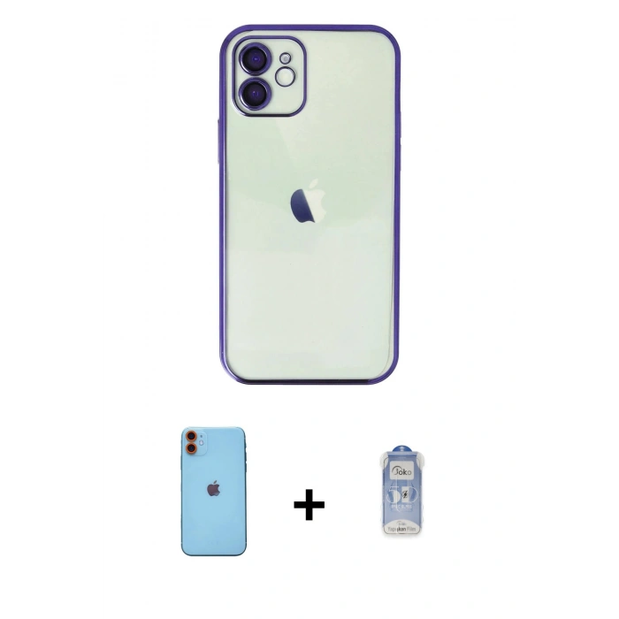 MARSİLYAN™- iPhone 11 Kılıf Vadi Minimal - Siyah Joko Magic 5D Cam + Neon Fosforlu Kamera Lens - TU