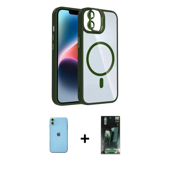 MARSİLYAN™- iPhone 11 Kılıf Yadigar Asil Koleksiyonu - Şeffaf 360 Full Body Arka Koruyucu + Neon Fosforlu Kamera Lens - YL
