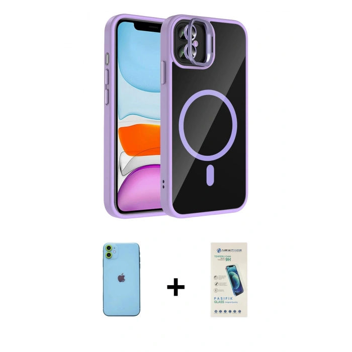 MARSİLYAN™- iPhone 11 Kılıf Yadigar Asil Koleksiyonu - Şeffaf Pasifik Cam Ekran Koruyucu + Neon Fosforlu Kamera Lens - YL