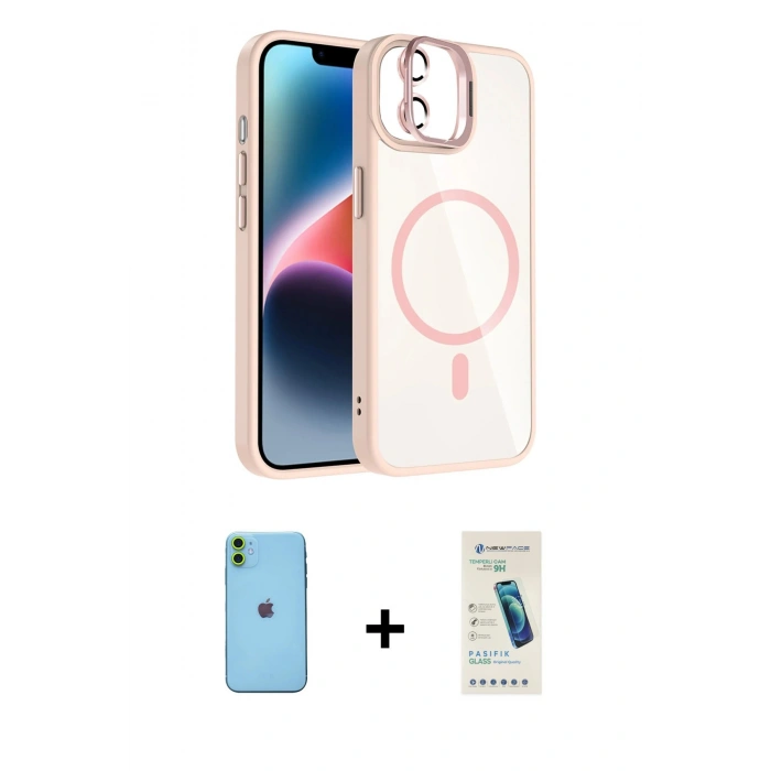 MARSİLYAN™- iPhone 11 Kılıf Yadigar Asil Koleksiyonu - Şeffaf Pasifik Cam Ekran Koruyucu + Neon Fosforlu Kamera Lens - YL
