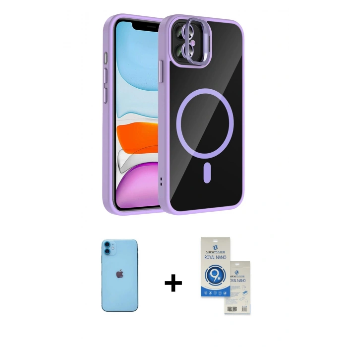 MARSİLYAN™- iPhone 11 Kılıf Yadigar Asil Koleksiyonu - Şeffaf Royal Nano Ekran Koruyucu + Neon Fosforlu Kamera Lens - MI