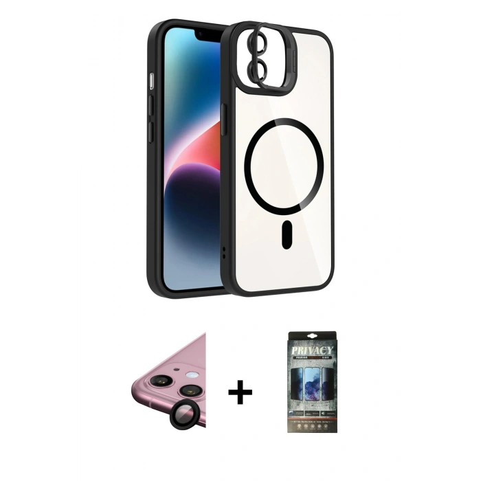 MARSİLYAN™- iPhone 11 Kılıf Yadigar Asil Koleksiyonu - Siyah 34D Hayalet Izgaralı Cam + Raze Metal Kamera Lens - SH