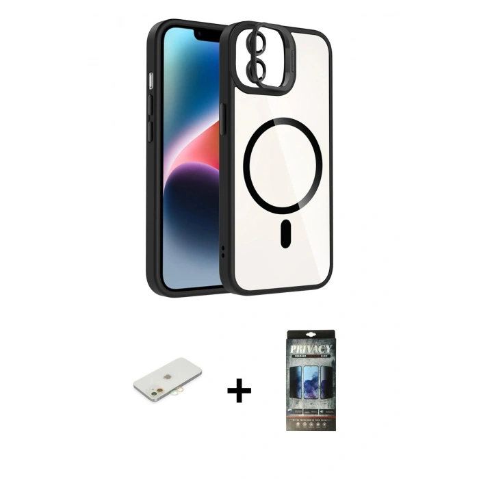 MARSİLYAN™- iPhone 11 Kılıf Yadigar Asil Koleksiyonu - Siyah 34D Hayalet Izgaralı Cam + Renkli Kamera Lens Koruma Cam - TU