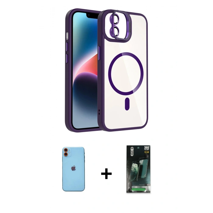 MARSİLYAN™- iPhone 11 Kılıf Yadigar Asil Koleksiyonu - Siyah 360 Mat Full Body Arka Koruyucu + Neon Fosforlu Kamera Lens - TU