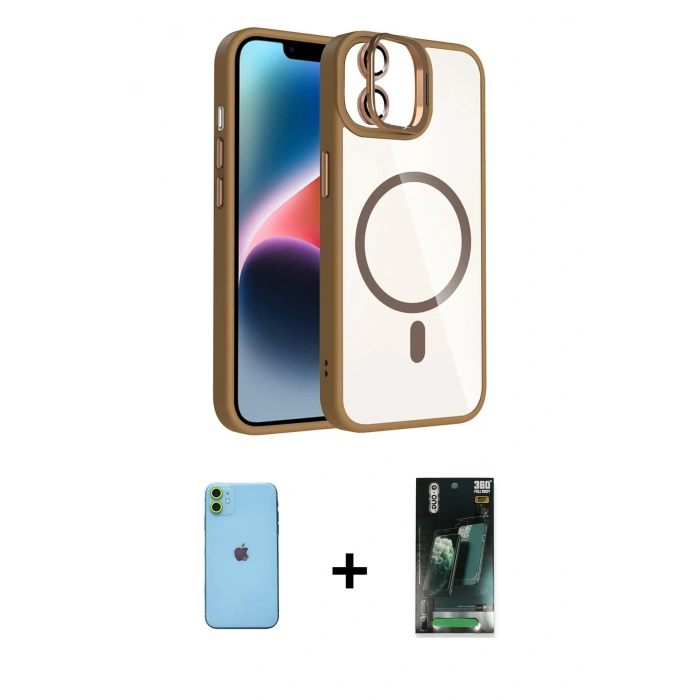 MARSİLYAN™- iPhone 11 Kılıf Yadigar Asil Koleksiyonu - Siyah 360 Mat Full Body Arka Koruyucu + Neon Fosforlu Kamera Lens - YL