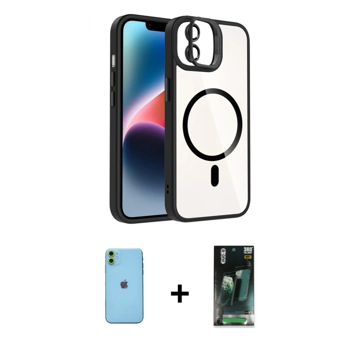 MARSİLYAN™- iPhone 11 Kılıf Yadigar Asil Koleksiyonu - Siyah 360 Mat Full Body Arka Koruyucu + Neon Fosforlu Kamera Lens - YL