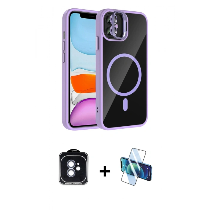 MARSİLYAN™- iPhone 11 Kılıf Yadigar Asil Koleksiyonu - Siyah 3D Antistatik Cam Ekran Koruyucu + PVD Metal Kamera Lens - MI