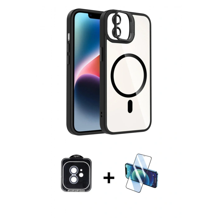 MARSİLYAN™- iPhone 11 Kılıf Yadigar Asil Koleksiyonu - Siyah 3D Antistatik Cam Ekran Koruyucu + PVD Metal Kamera Lens - MI