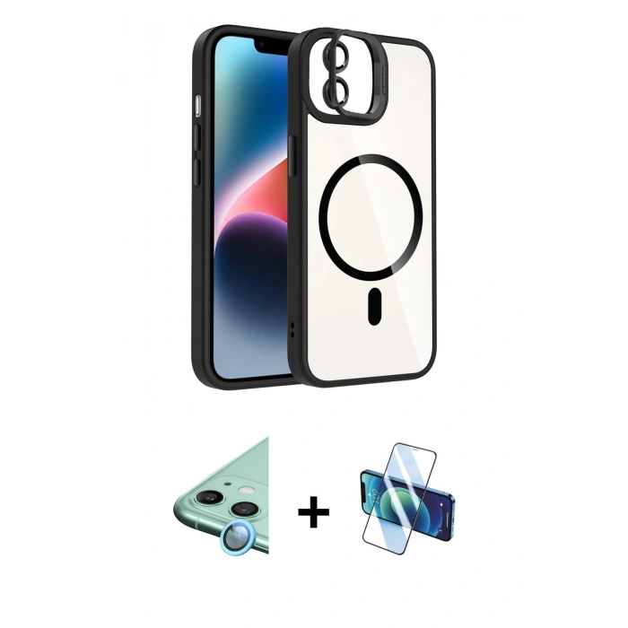 MARSİLYAN™- iPhone 11 Kılıf Yadigar Asil Koleksiyonu - Siyah 3D Antistatik Cam Ekran Koruyucu + Raze Metal Kamera Lens - MI