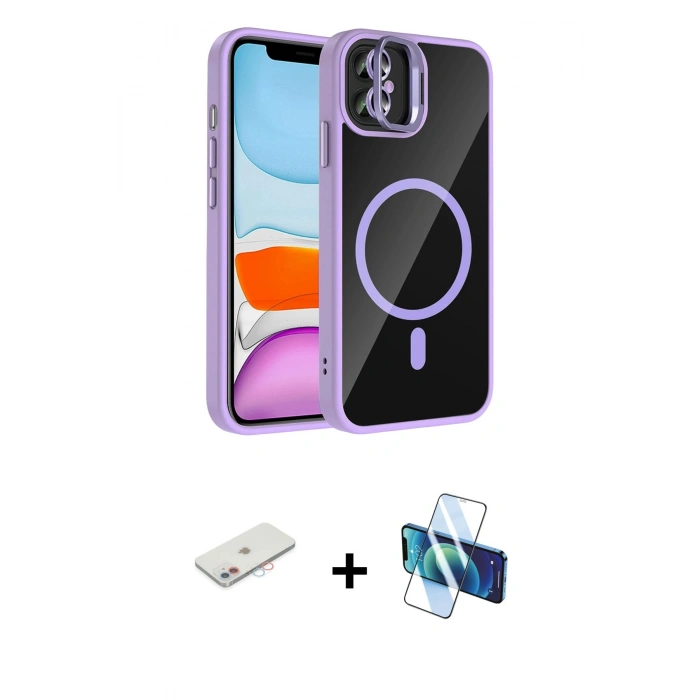 MARSİLYAN™- iPhone 11 Kılıf Yadigar Asil Koleksiyonu - Siyah 3D Antistatik Cam Ekran Koruyucu + Renkli Kamera Lens Koruma Cam - PE