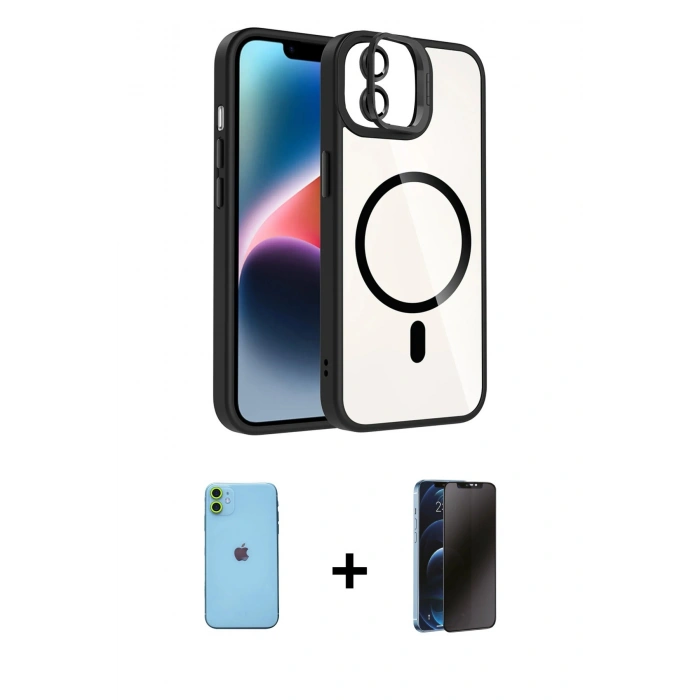 MARSİLYAN™- iPhone 11 Kılıf Yadigar Asil Koleksiyonu - Siyah 3D Antistatik Hayalet Cam Ekran Koruyucu + Neon Fosforlu Kamera Lens - YL
