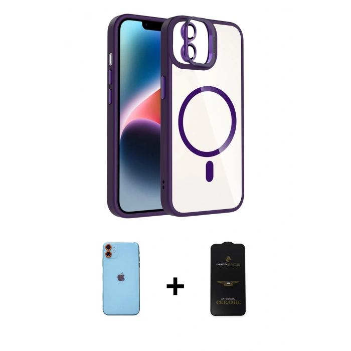MARSİLYAN™- iPhone 11 Kılıf Yadigar Asil Koleksiyonu - Siyah 6D Antistatik Mat Seramik Hayalet Nano Ekran Koruyucu + Neon Fosforlu Kamera Lens - TU