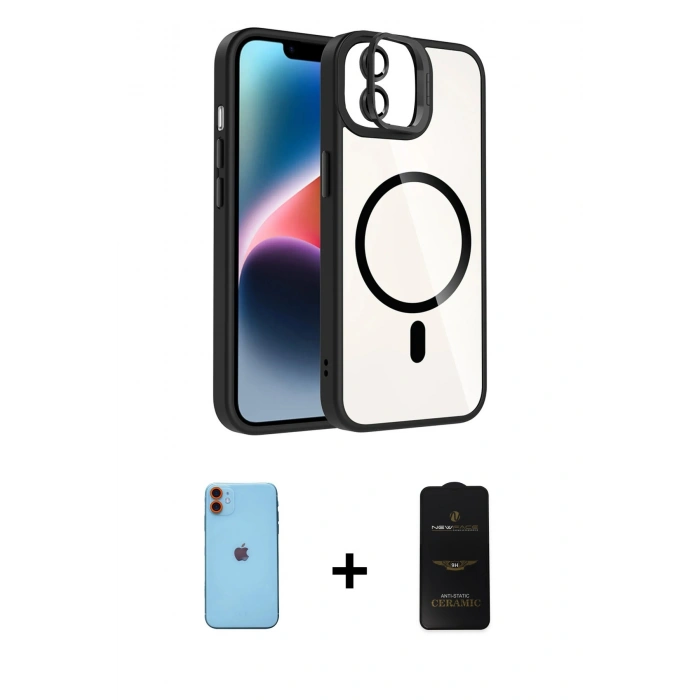 MARSİLYAN™- iPhone 11 Kılıf Yadigar Asil Koleksiyonu - Siyah 6D Antistatik Mat Seramik Hayalet Nano Ekran Koruyucu + Neon Fosforlu Kamera Lens - TU