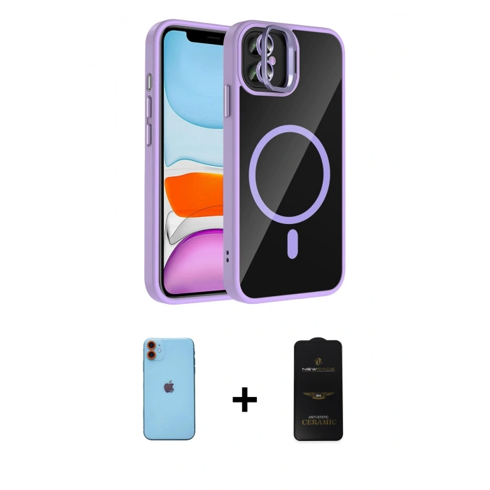 MARSİLYAN™- iPhone 11 Kılıf Yadigar Asil Koleksiyonu - Siyah 6D Antistatik Mat Seramik Hayalet Nano Ekran Koruyucu + Neon Fosforlu Kamera Lens - TU