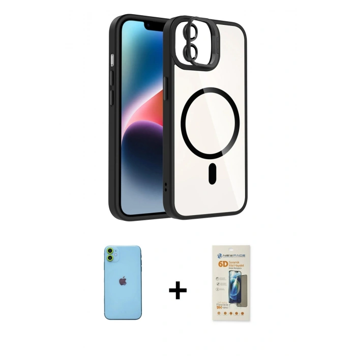 MARSİLYAN™- iPhone 11 Kılıf Yadigar Asil Koleksiyonu - Siyah 6D Mat Seramik Hayalet Nano Ekran Koruyucu + Neon Fosforlu Kamera Lens - YL
