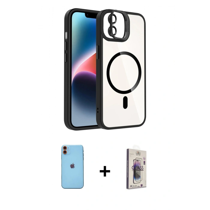 MARSİLYAN™- iPhone 11 Kılıf Yadigar Asil Koleksiyonu - Siyah Bilvis 3D Cam Ekran Koruyucu + Neon Fosforlu Kamera Lens - TU