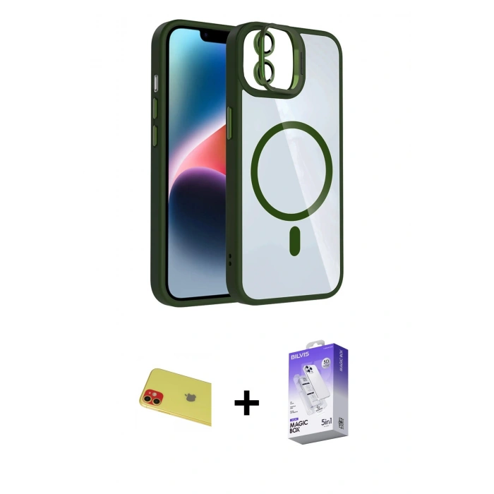 MARSİLYAN™- iPhone 11 Kılıf Yadigar Asil Koleksiyonu - Siyah Bilvis 5in1 3D Magic Cam Ekran Koruyucu + Kırmızı Rainbow Kamera Lens Koruma Cam
