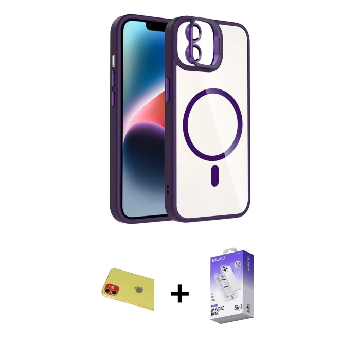 MARSİLYAN™- iPhone 11 Kılıf Yadigar Asil Koleksiyonu - Siyah Bilvis 5in1 3D Magic Cam Ekran Koruyucu + Kırmızı Rainbow Kamera Lens Koruma Cam