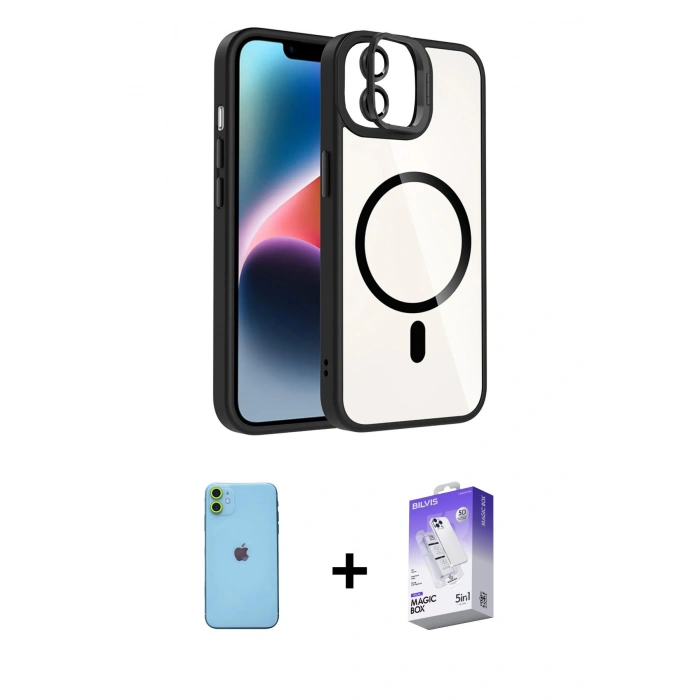 MARSİLYAN™- iPhone 11 Kılıf Yadigar Asil Koleksiyonu - Siyah Bilvis 5in1 3D Magic Cam Ekran Koruyucu + Neon Fosforlu Kamera Lens - YL
