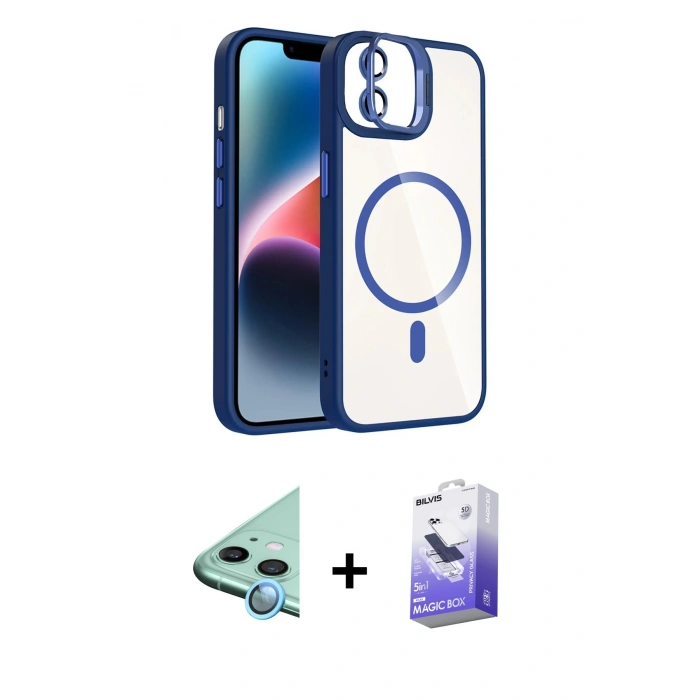MARSİLYAN™- iPhone 11 Kılıf Yadigar Asil Koleksiyonu - Siyah Bilvis 5in1 5D Magic Hayalet Cam Ekran Koruyucu + Mavi Raze Metal Kamera Lens