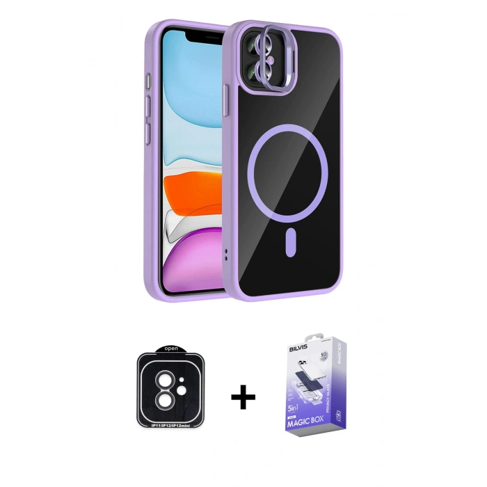 MARSİLYAN™- iPhone 11 Kılıf Yadigar Asil Koleksiyonu - Siyah Bilvis 5in1 5D Magic Hayalet Cam Ekran Koruyucu + PVD Metal Kamera Lens - SH