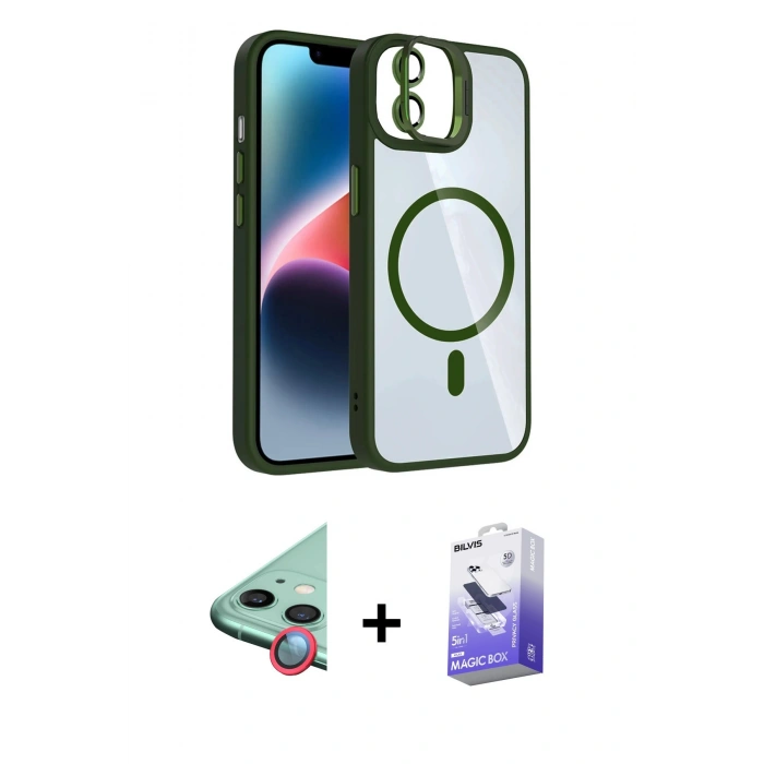 MARSİLYAN™- iPhone 11 Kılıf Yadigar Asil Koleksiyonu - Siyah Bilvis 5in1 5D Magic Hayalet Cam Ekran Koruyucu + Kırmızı Raze Metal Kamera Lens