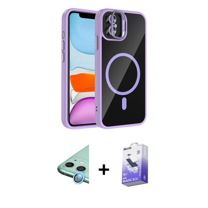 MARSİLYAN™- iPhone 11 Kılıf Yadigar Asil Koleksiyonu - Siyah Bilvis 5in1 5D Magic Hayalet Cam Ekran Koruyucu + Mavi Raze Metal Kamera Lens