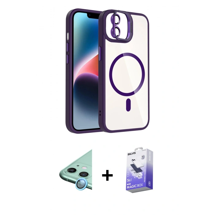 MARSİLYAN™- iPhone 11 Kılıf Yadigar Asil Koleksiyonu - Siyah Bilvis 5in1 5D Magic Hayalet Cam Ekran Koruyucu + Mavi Raze Metal Kamera Lens