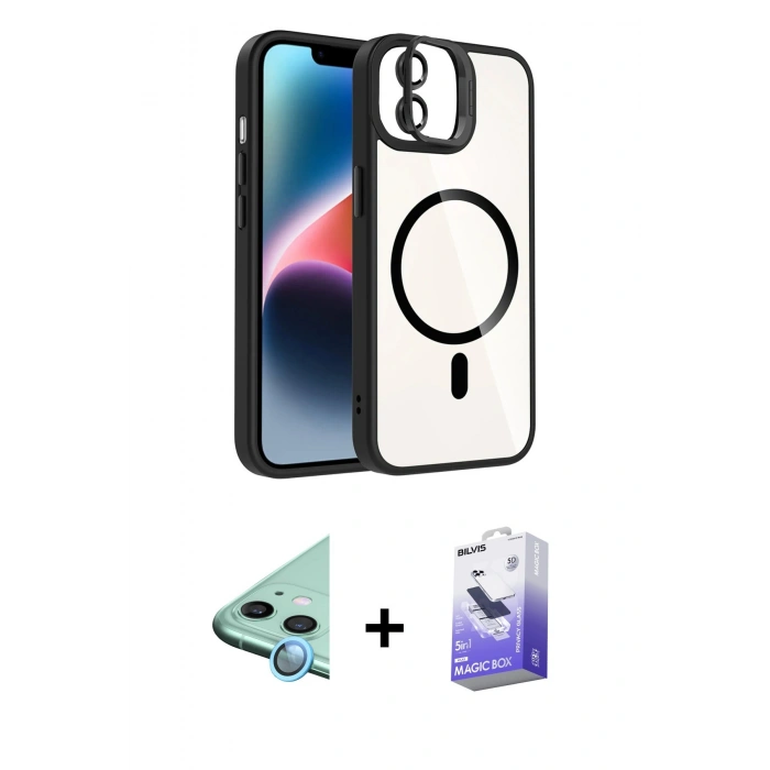 MARSİLYAN™- iPhone 11 Kılıf Yadigar Asil Koleksiyonu - Siyah Bilvis 5in1 5D Magic Hayalet Cam Ekran Koruyucu + Mavi Raze Metal Kamera Lens