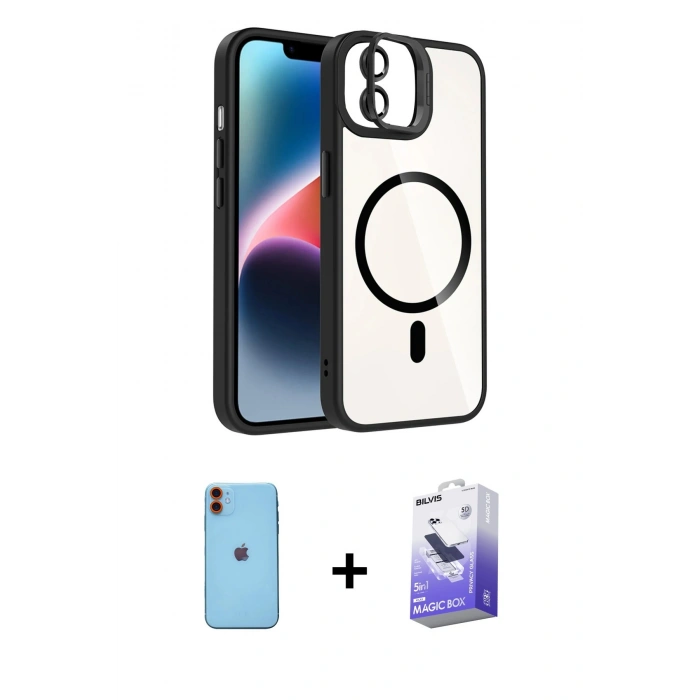 MARSİLYAN™- iPhone 11 Kılıf Yadigar Asil Koleksiyonu - Siyah Bilvis 5in1 5D Magic Hayalet Cam Ekran Koruyucu + Neon Fosforlu Kamera Lens - TU