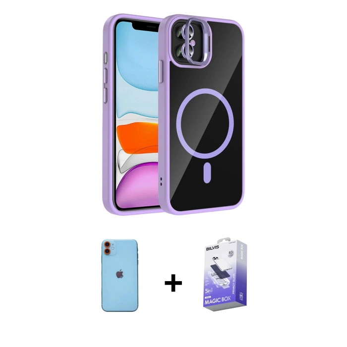 MARSİLYAN™- iPhone 11 Kılıf Yadigar Asil Koleksiyonu - Siyah Bilvis 5in1 5D Magic Hayalet Cam Ekran Koruyucu + Neon Fosforlu Kamera Lens - TU