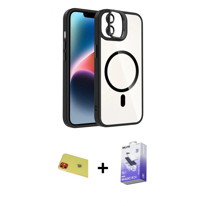 MARSİLYAN™- iPhone 11 Kılıf Yadigar Asil Koleksiyonu - Siyah Bilvis 5in1 5D Magic Hayalet Cam Ekran Koruyucu + Rainbow Kamera Lens Koruma Cam - KI