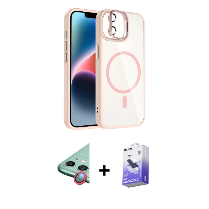 MARSİLYAN™- iPhone 11 Kılıf Yadigar Asil Koleksiyonu - Siyah Bilvis 5in1 5D Magic Hayalet Cam Ekran Koruyucu + Kırmızı Raze Metal Kamera Lens