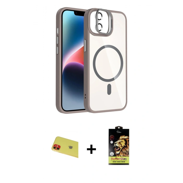 MARSİLYAN™- iPhone 11 Kılıf Yadigar Asil Koleksiyonu - Siyah Buffer Cam Ekran Koruyucu + Kırmızı Rainbow Kamera Lens Koruma Cam