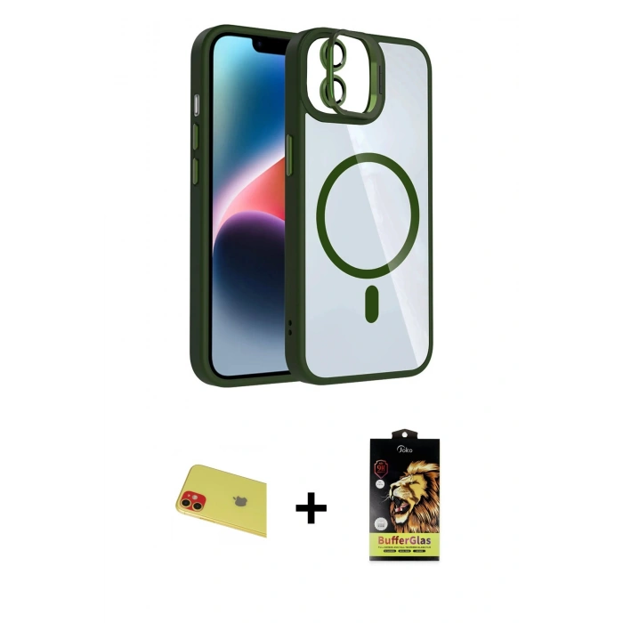 MARSİLYAN™- iPhone 11 Kılıf Yadigar Asil Koleksiyonu - Siyah Buffer Cam Ekran Koruyucu + Kırmızı Rainbow Kamera Lens Koruma Cam