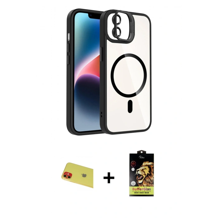 MARSİLYAN™- iPhone 11 Kılıf Yadigar Asil Koleksiyonu - Siyah Buffer Cam Ekran Koruyucu + Kırmızı Rainbow Kamera Lens Koruma Cam
