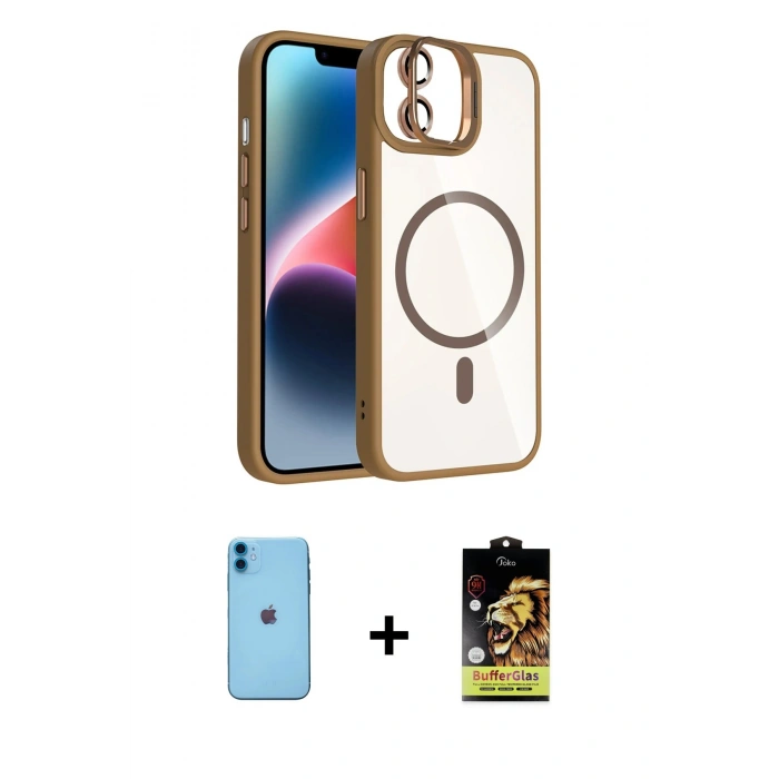 MARSİLYAN™- iPhone 11 Kılıf Yadigar Asil Koleksiyonu - Siyah Buffer Cam Ekran Koruyucu + Mavi Neon Fosforlu Kamera Lens