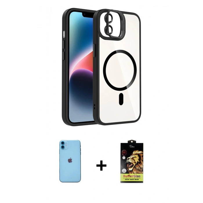 MARSİLYAN™- iPhone 11 Kılıf Yadigar Asil Koleksiyonu - Siyah Buffer Cam Ekran Koruyucu + Mavi Neon Fosforlu Kamera Lens