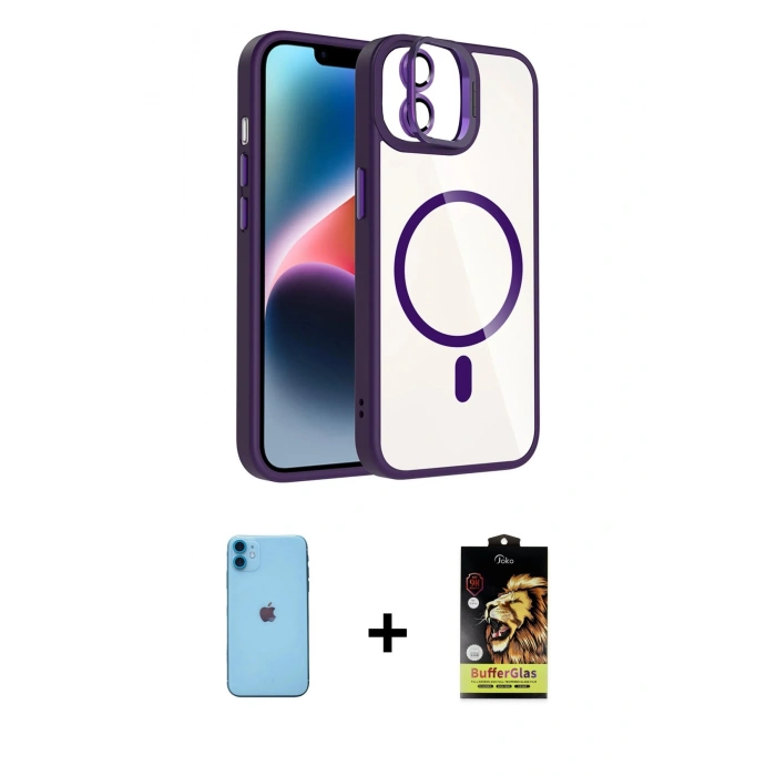 MARSİLYAN™- iPhone 11 Kılıf Yadigar Asil Koleksiyonu - Siyah Buffer Cam Ekran Koruyucu + Mavi Neon Fosforlu Kamera Lens
