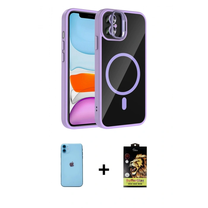 MARSİLYAN™- iPhone 11 Kılıf Yadigar Asil Koleksiyonu - Siyah Buffer Cam Ekran Koruyucu + Mavi Neon Fosforlu Kamera Lens