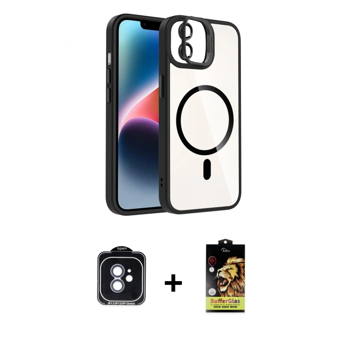 MARSİLYAN™- iPhone 11 Kılıf Yadigar Asil Koleksiyonu - Siyah Buffer Cam Ekran Koruyucu + PVD Metal Kamera Lens - MI