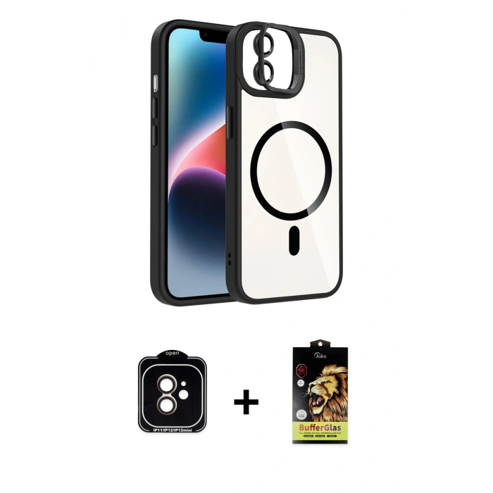 MARSİLYAN™- iPhone 11 Kılıf Yadigar Asil Koleksiyonu - Siyah Buffer Cam Ekran Koruyucu + PVD Metal Kamera Lens - TU