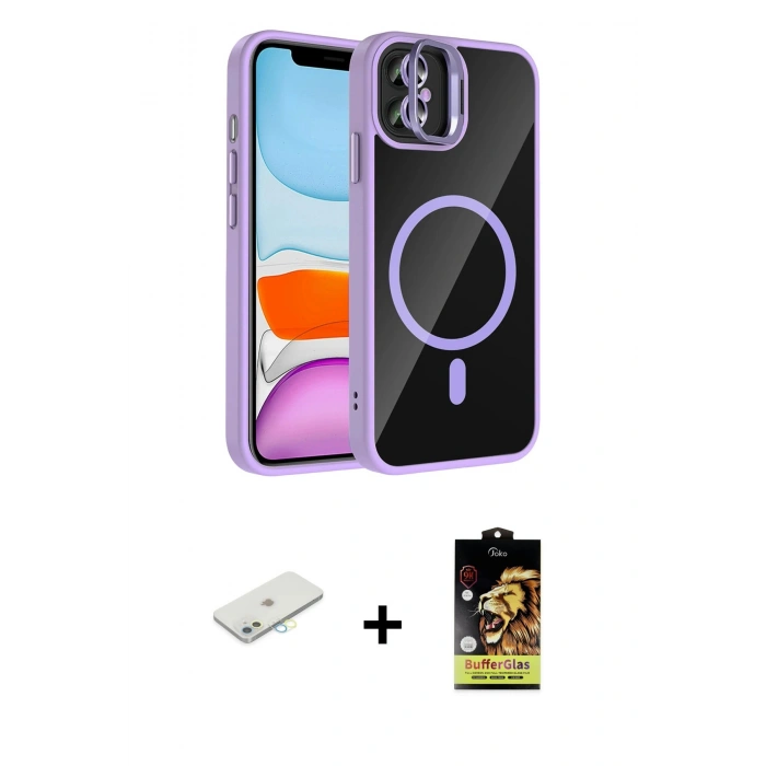 MARSİLYAN™- iPhone 11 Kılıf Yadigar Asil Koleksiyonu - Siyah Buffer Cam Ekran Koruyucu + Renkli Kamera Lens Koruma Cam - SI