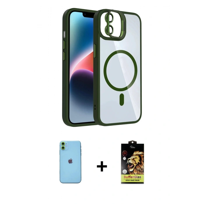 MARSİLYAN™- iPhone 11 Kılıf Yadigar Asil Koleksiyonu - Siyah Buffer Cam Ekran Koruyucu + Neon Fosforlu Kamera Lens - YL