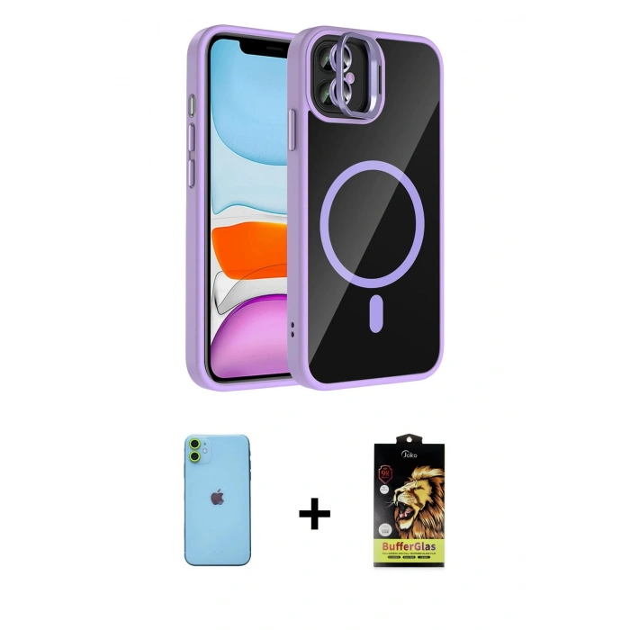 MARSİLYAN™- iPhone 11 Kılıf Yadigar Asil Koleksiyonu - Siyah Buffer Cam Ekran Koruyucu + Neon Fosforlu Kamera Lens - YL