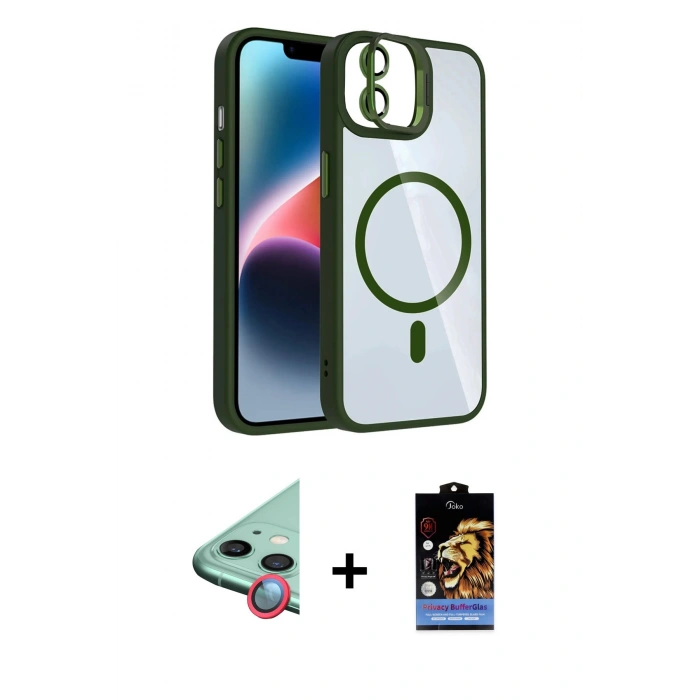 MARSİLYAN™- iPhone 11 Kılıf Yadigar Asil Koleksiyonu - Siyah Buffer Hayalet Cam Ekran Koruyucu + Kırmızı Raze Metal Kamera Lens
