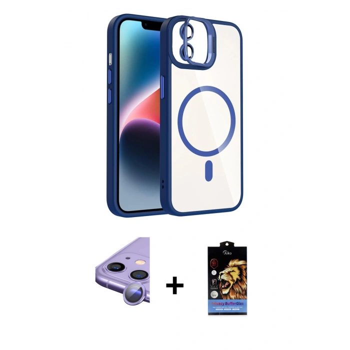MARSİLYAN™- iPhone 11 Kılıf Yadigar Asil Koleksiyonu - Siyah Buffer Hayalet Cam Ekran Koruyucu + Mor Raze Metal Kamera Lens