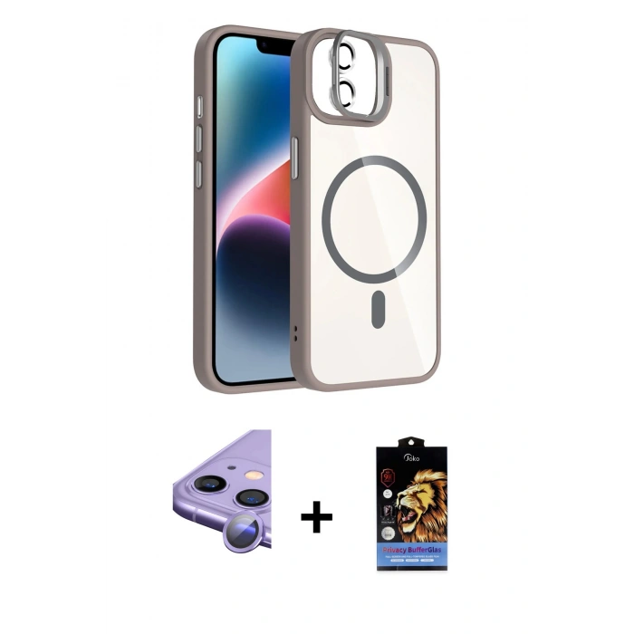 MARSİLYAN™- iPhone 11 Kılıf Yadigar Asil Koleksiyonu - Siyah Buffer Hayalet Cam Ekran Koruyucu + Mor Raze Metal Kamera Lens