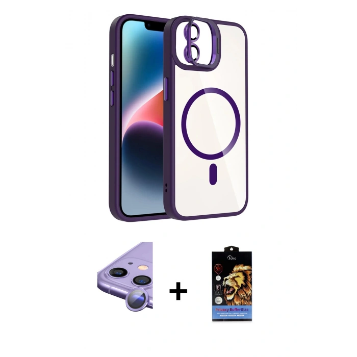 MARSİLYAN™- iPhone 11 Kılıf Yadigar Asil Koleksiyonu - Siyah Buffer Hayalet Cam Ekran Koruyucu + Mor Raze Metal Kamera Lens