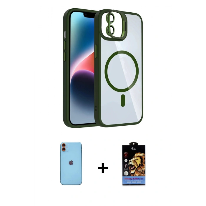 MARSİLYAN™- iPhone 11 Kılıf Yadigar Asil Koleksiyonu - Siyah Buffer Hayalet Cam Ekran Koruyucu + Neon Fosforlu Kamera Lens - TU